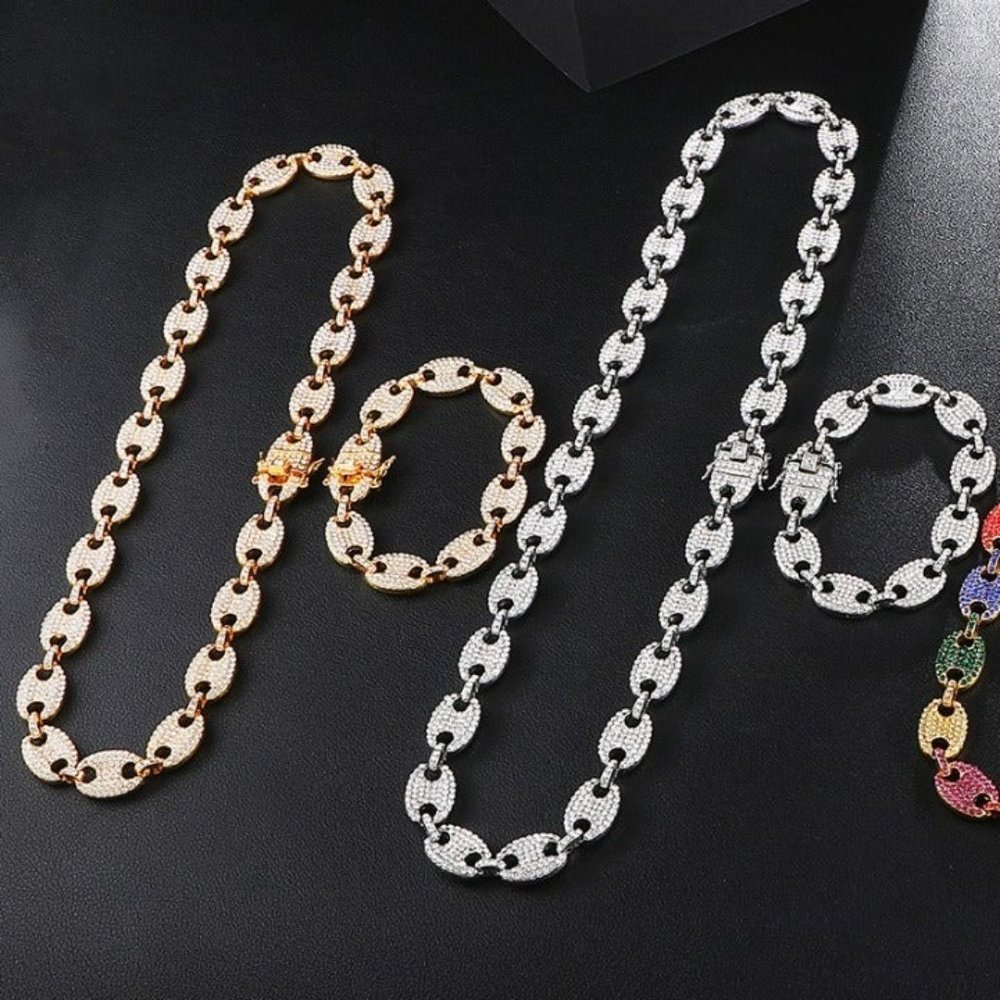 17mm Prong Cuban Link Chain Choker Bracelet Necklace Set Curb Chain set